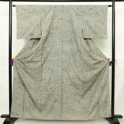 訪問着 良品 正絹 風景柄 袷仕立て 身丈161cm 裄丈62.5cm リサイクル着物 着物 洒落 紬地 グレー