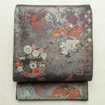 袋帯 六通柄 美品 フォーマル用 正絹 花柄 リサイクル帯 帯 箔 入学式 卒業式 結婚式 七五三 パーティー お宮参り フォーマル 茶