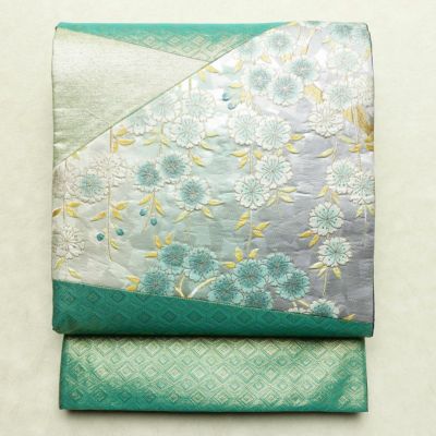 袋帯 太鼓柄 フォーマル用 正絹 花柄 リサイクル帯 帯 箔 入学式 結婚式 パーティー フォーマル 桜 緑・うぐいす色