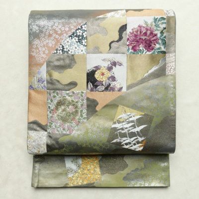 袋帯 六通柄 良品 フォーマル用 正絹 木の葉・植物柄 リサイクル帯 帯 箔 入学式 卒業式 結婚式 七五三 お宮参り フォーマル グレー