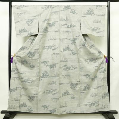 単衣 紬 しつけ糸付き 正絹 風景柄 単衣仕立て 身丈159.5cm 裄丈66.5cm リサイクル着物 着物 グレー