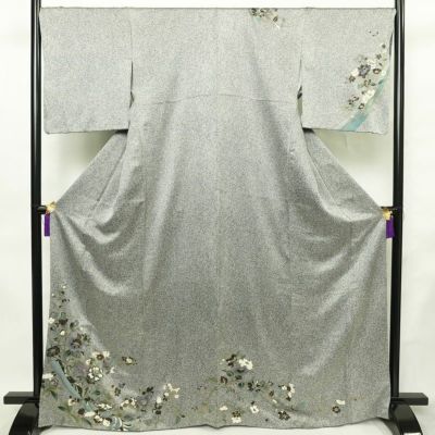 付け下げ 良品 正絹 花柄 袷仕立て 身丈167cm 裄丈69cm リサイクル着物 着物 箔 金彩 入学式 卒業式 七五三 お宮参り フォーマル グレー