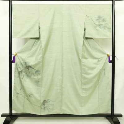 付け下げ 楽斉道人 正絹 木の葉・植物柄 袷仕立て 身丈155.5cm 裄丈67cm リサイクル着物 着物 紬地 緑・うぐいす色