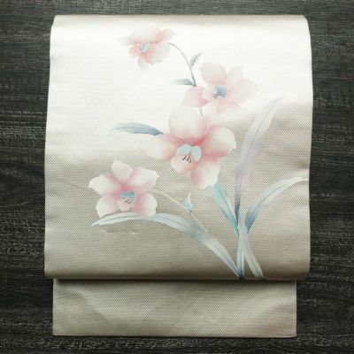 名古屋帯 太鼓柄 良品 正絹 花柄 名古屋仕立て なごや帯 リサイクル帯 帯 銀糸 シルバーピンク ピンク