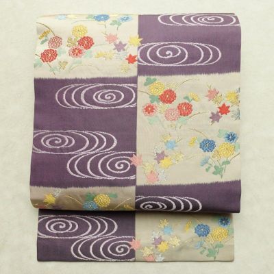 名古屋帯 太鼓柄 正絹 古典柄 名古屋仕立て なごや帯 リサイクル帯 帯 菊 紫・藤色