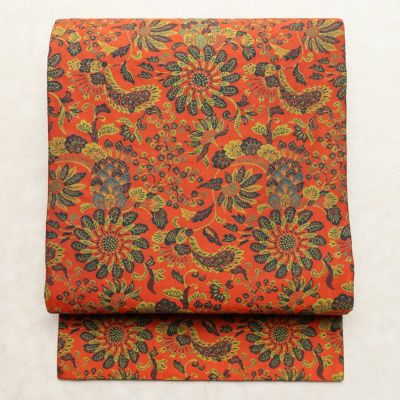 名古屋帯 全通柄 良品 正絹 幾何学柄・抽象柄 名古屋仕立て なごや帯 リサイクル帯 帯 赤・朱