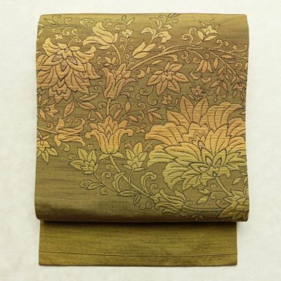 名古屋帯 太鼓柄 正絹 木の葉・植物柄 名古屋仕立て なごや帯 リサイクル帯 帯 紬地 黄・黄土色