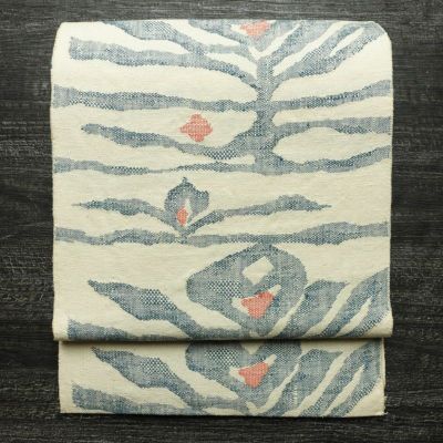 名古屋帯 六通柄 正絹 幾何学柄・抽象柄 通し仕立て なごや帯 リサイクル帯 帯 紬地 白