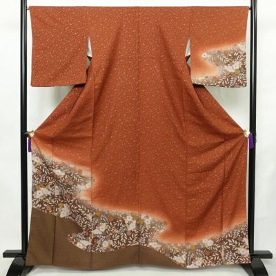 付け下げ ふくれ織 正絹 花柄 袷仕立て 身丈164cm 裄丈66cm リサイクル着物 着物 金彩 フォーマル 橙