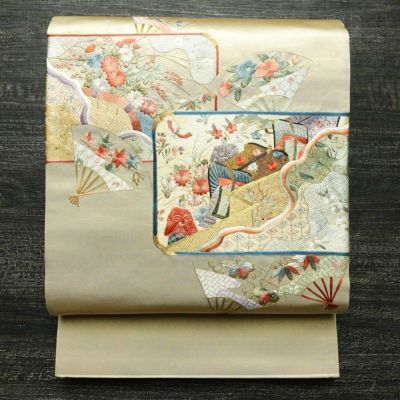 袋帯 太鼓柄 雪英導 美品 蘇州刺繍 落款入り フォーマル用 正絹 古典柄 リサイクル帯 帯 刺繍 金糸 入学式 卒業式 結婚式 七五三 フォーマル ゴールドベージュ ベージュ