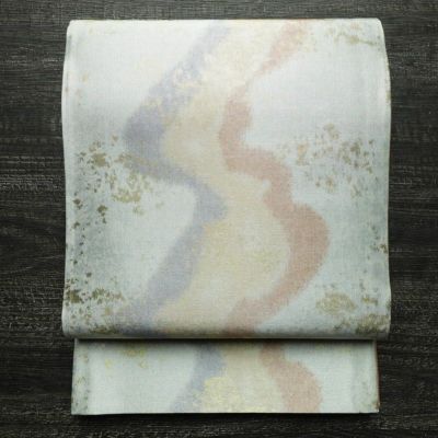 袋帯 全通柄 美品 西陣織 証紙あり フォーマル用 正絹 流水・波柄 リサイクル帯 帯 箔 フォーマル 青・紺