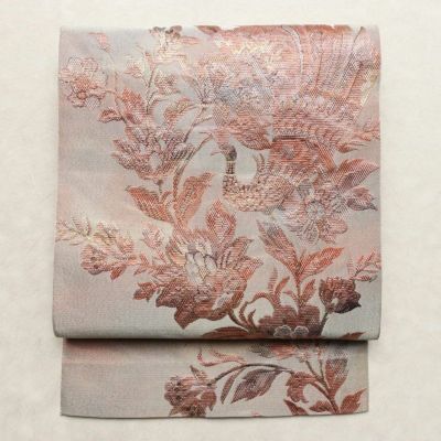 名古屋帯 六通柄 正絹 木の葉・植物柄 名古屋仕立て なごや帯 リサイクル帯 帯 モダン ピンク