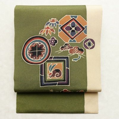 名古屋帯 太鼓柄 良品 落款入り 縮緬 正絹 古典柄 名古屋仕立て なごや帯 リサイクル帯 帯 緑・うぐいす色