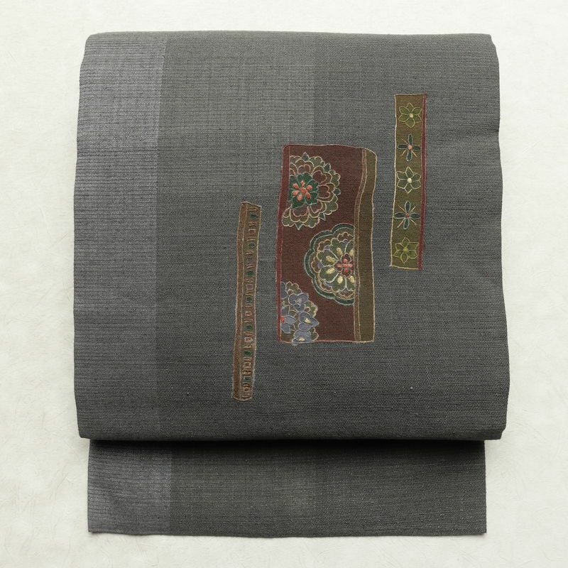 名古屋帯 太鼓柄 良品 正絹 花柄 名古屋仕立て なごや帯 リサイクル帯 帯 モダン 洒落 グレー