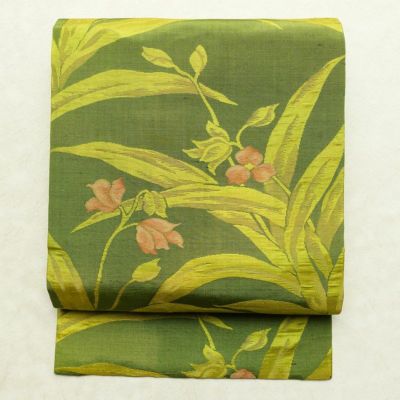 名古屋帯 六通柄 良品 正絹 木の葉・植物柄 名古屋仕立て なごや帯 リサイクル帯 帯 緑・うぐいす色