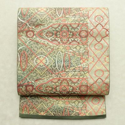 名古屋帯 六通柄 正絹 幾何学柄・抽象柄 松葉仕立て なごや帯 リサイクル帯 帯 多色使い