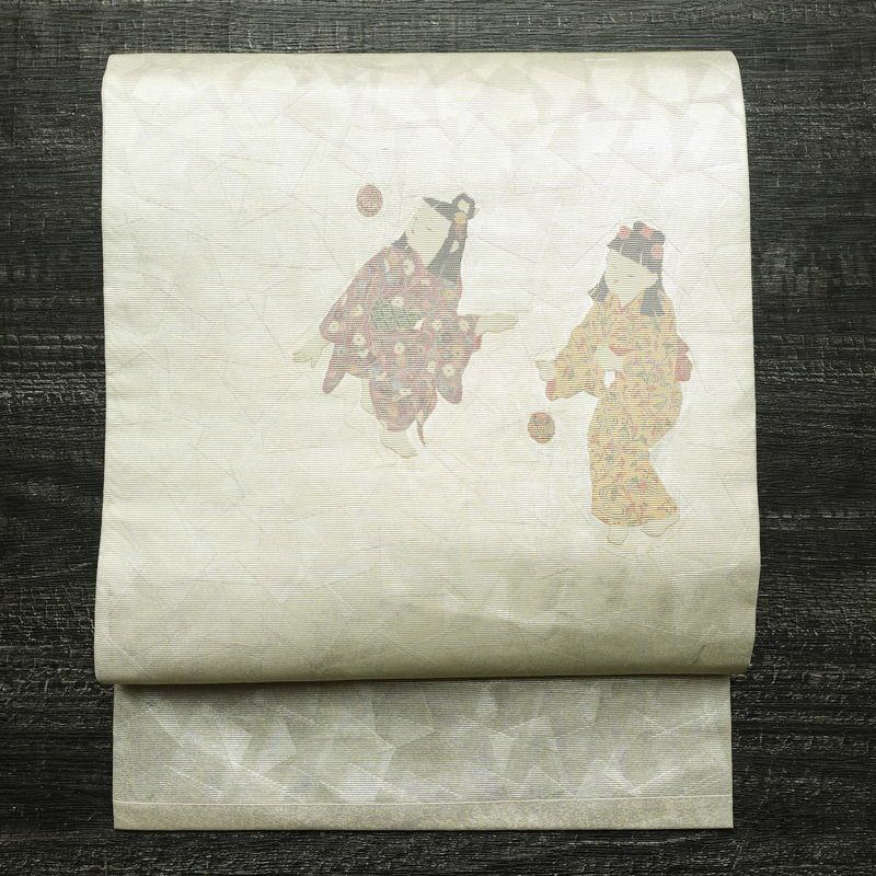 名古屋帯 太鼓柄 正絹 人物・動物柄 名古屋仕立て なごや帯 リサイクル帯 帯 箔 白