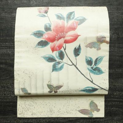 名古屋帯 太鼓柄 しつけ糸付き 正絹 花柄 名古屋仕立て なごや帯 リサイクル帯 蝶 帯 箔 白