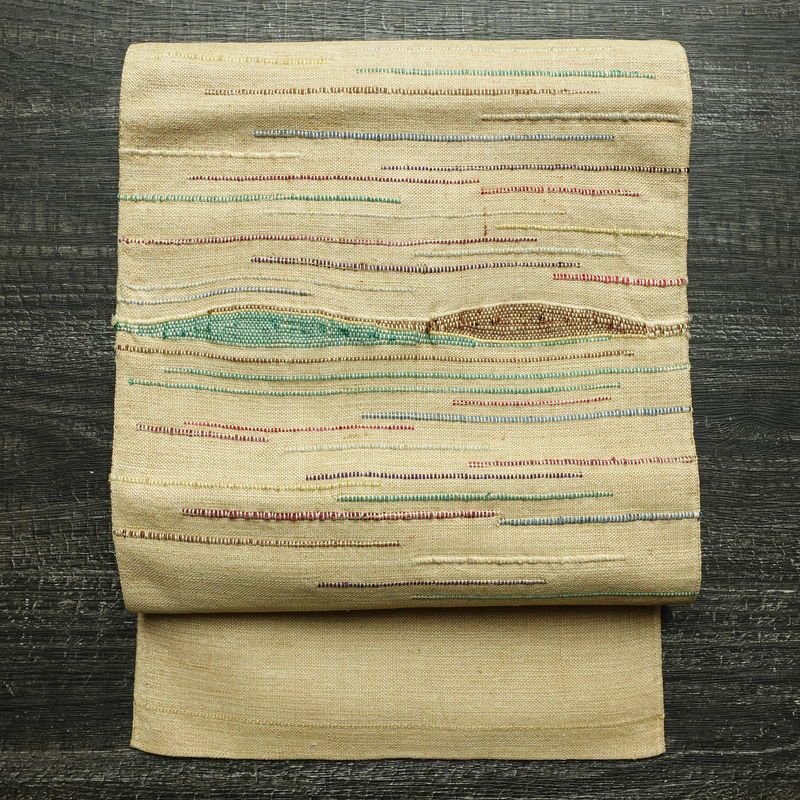 名古屋帯 太鼓柄 正絹 縞柄・線柄 名古屋仕立て なごや帯 リサイクル帯 帯 モダン シンプル ベージュ