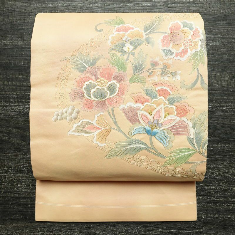 名古屋帯 紬地 六通柄 正絹 風景柄 松葉仕立て 帯 緑・うぐいす色 | 六