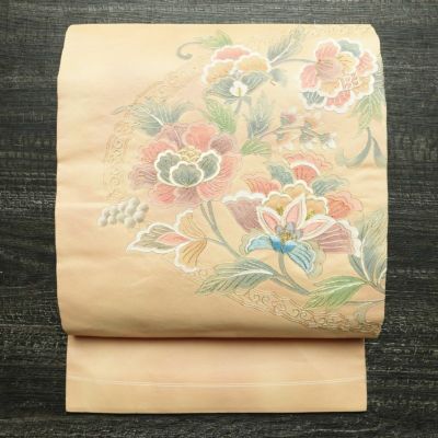 名古屋帯 太鼓柄 正絹 花柄 名古屋仕立て なごや帯 リサイクル帯 帯 刺繍 金糸 ベージュ