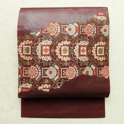 名古屋帯 太鼓柄 正絹 幾何学柄・抽象柄 名古屋仕立て なごや帯 リサイクル帯 帯 金糸 赤・朱