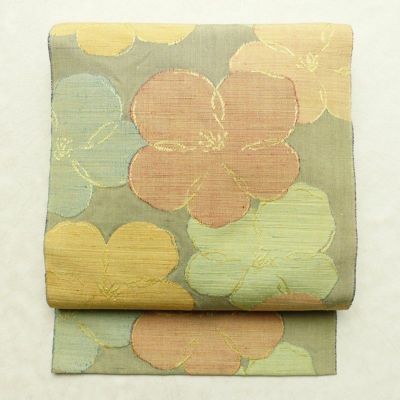 名古屋帯 六通柄 正絹 花柄 名古屋仕立て なごや帯 リサイクル帯 帯 緑・うぐいす色