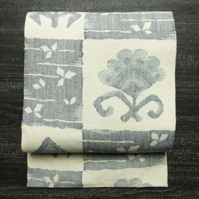 名古屋帯 六通柄 正絹 幾何学柄・抽象柄 名古屋仕立て なごや帯 リサイクル帯 帯 モダン 白