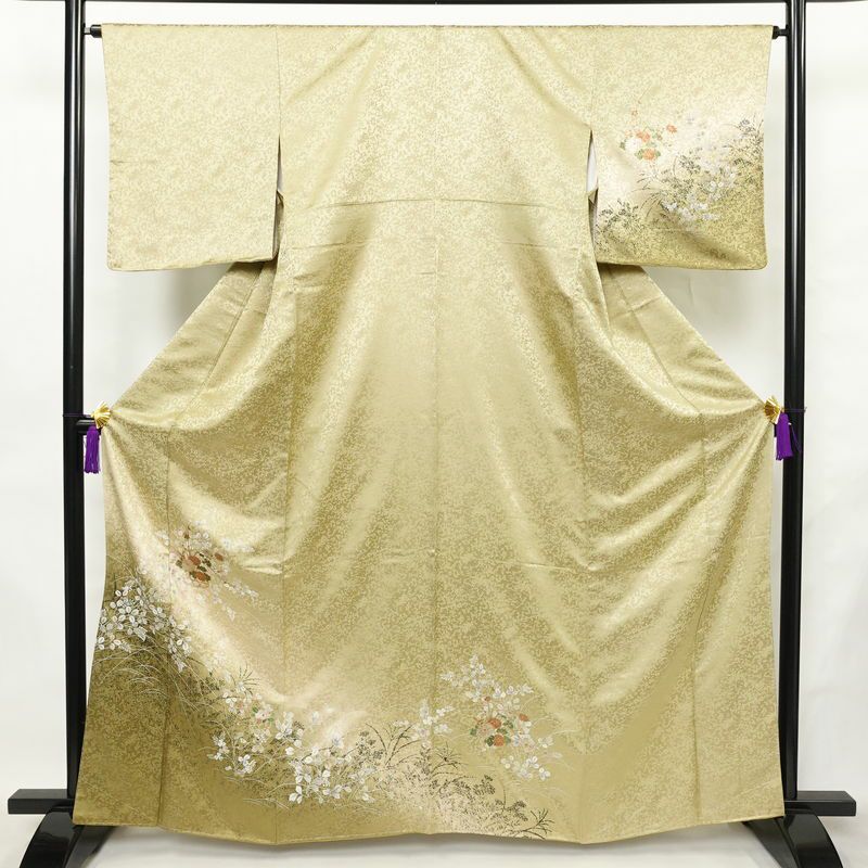 訪問着 良品 しつけ糸付き 正絹 木の葉・植物柄 袷仕立て 身丈163.5cm 裄丈65cm リサイクル着物 着物 箔 入学式 卒業式 七五三 お宮参り フォーマル 黄・黄土色