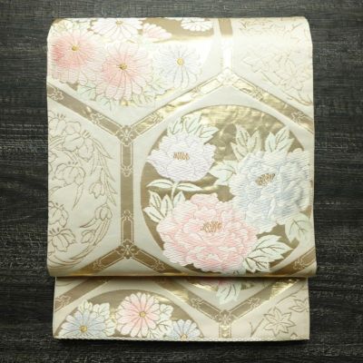 袋帯 六通柄 フォーマル用 正絹 花柄 リサイクル帯 帯 箔 クリーム