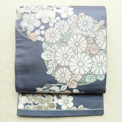 袋帯 六通柄 フォーマル用 正絹 花柄 リサイクル帯 帯 箔 青・紺