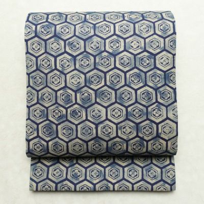 袋帯 全通柄 良品 一般用 正絹 亀甲柄 リサイクル帯 帯 青・紺