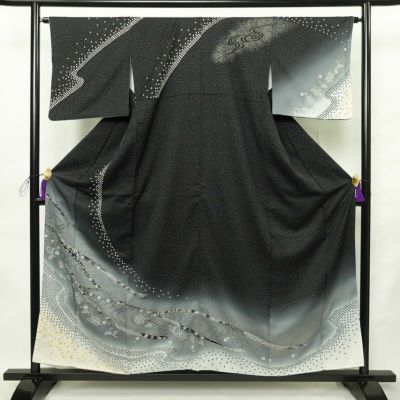 訪問着 良品 正絹 木の葉・植物柄 袷仕立て 身丈156cm 裄丈64.5cm 金彩 卒業式 フォーマル 黒