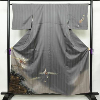 訪問着 良品 正絹 花柄 袷仕立て 身丈159cm 裄丈64.5cm リサイクル着物 着物 箔 金彩 卒業式 フォーマル グレー