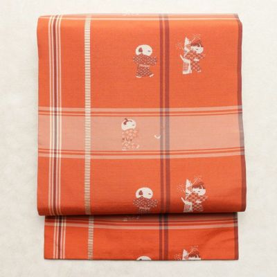 名古屋帯 六通柄 良品 正絹 人物・動物柄 名古屋仕立て なごや帯 リサイクル帯 帯 モダン 洒落 粋 赤・朱