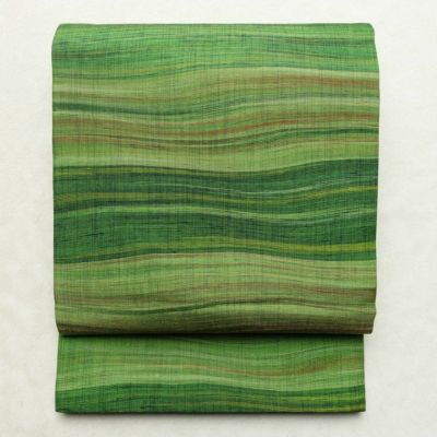 名古屋帯 全通柄 良品 正絹 縞柄・線柄 通し仕立て なごや帯 リサイクル帯 帯 モダン 紬地 緑・うぐいす色