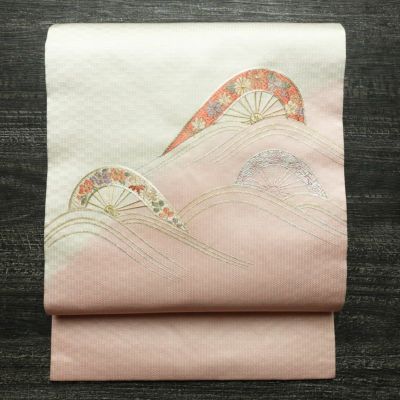 名古屋帯 太鼓柄 正絹 古典柄 名古屋仕立て なごや帯 リサイクル帯 帯 刺繍 箔 金糸 シンプル ピンク 白