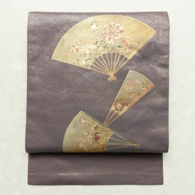名古屋帯 太鼓柄 正絹 古典柄 名古屋仕立て なごや帯 リサイクル帯 帯 箔 シンプル 扇子 紫・藤色