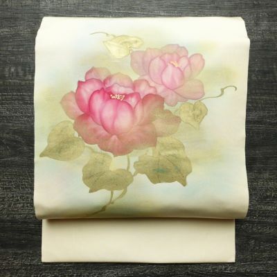 名古屋帯 太鼓柄 正絹 花柄 名古屋仕立て なごや帯 リサイクル帯 帯 箔 シンプル クリーム