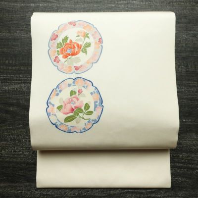 名古屋帯 太鼓柄 正絹 花柄 名古屋仕立て なごや帯 リサイクル帯 帯 シンプル ピンク