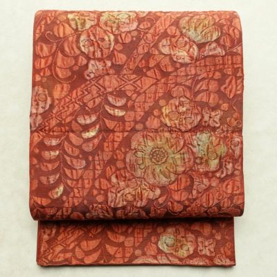 袋帯 全通柄 良品 ふくれ織 一般用 正絹 花柄 リサイクル帯 帯 茶