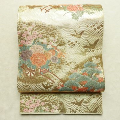 袋帯 京絵巻 六通柄 良品 フォーマル用 正絹 古典柄 リサイクル帯 帯 入学式 卒業式 結婚式 七五三 パーティー お宮参り フォーマル 御所車 金・銀