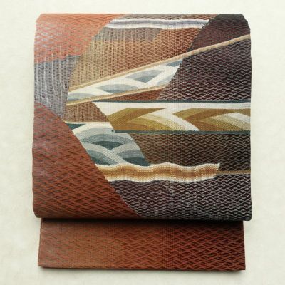 袋帯 すくい織 太鼓柄 良品 一般用 正絹 幾何学柄・抽象柄 リサイクル帯 帯 モダン 洒落 茶