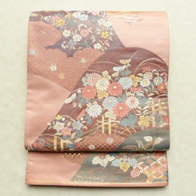 袋帯 六通柄 能衣小花文様 フォーマル用 正絹 古典柄 リサイクル帯 帯 箔 金糸 入学式 卒業式 結婚式 七五三 パーティー お宮参り フォーマル 松 菊 ピンク