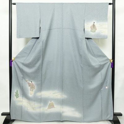 付け下げ 美品 摺工房 渡邊孝 落款入り しつけ糸付き 正絹 人物・動物柄 袷仕立て 身丈164.5cm 裄丈62.5cm リサイクル着物 着物 箔 入学式 卒業式 七五三 お宮参り フォーマル 青・紺