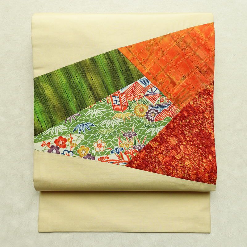 名古屋帯 太鼓柄 正絹 切嵌 古典柄 名古屋仕立て なごや帯 リサイクル帯 帯 シンプル クリーム