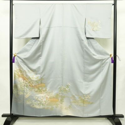 訪問着 美品 綸子 正絹 古典柄 袷仕立て 身丈158cm 裄丈66cm リサイクル着物 着物 箔 金彩 入学式 卒業式 七五三 お宮参り フォーマル 上品 青・紺
